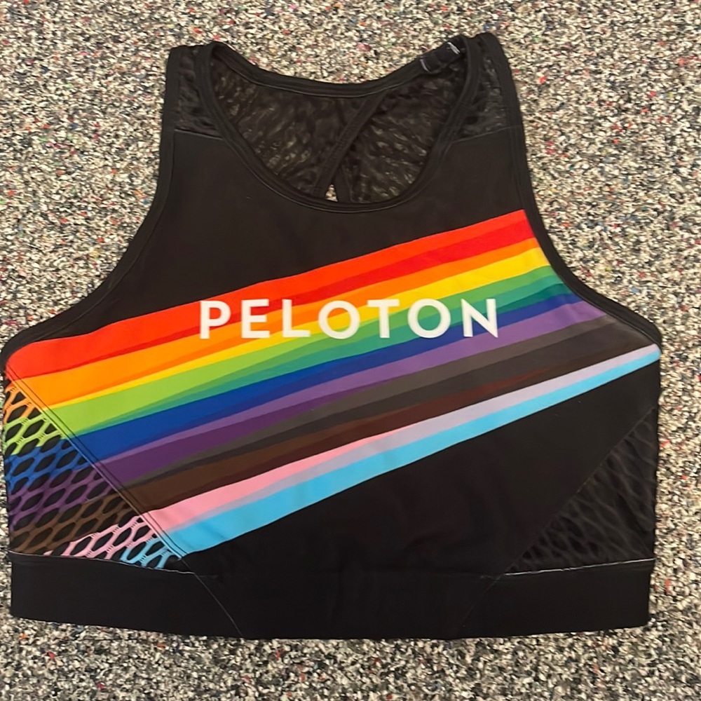 Peloton Black Sports Bra with Rainbow Stripes